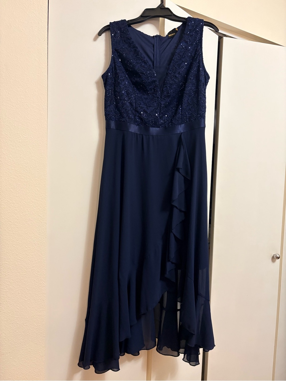 Miusol Navy Blue Sequin Floral Lace Ruffle High-Low Evening Gown Dress L